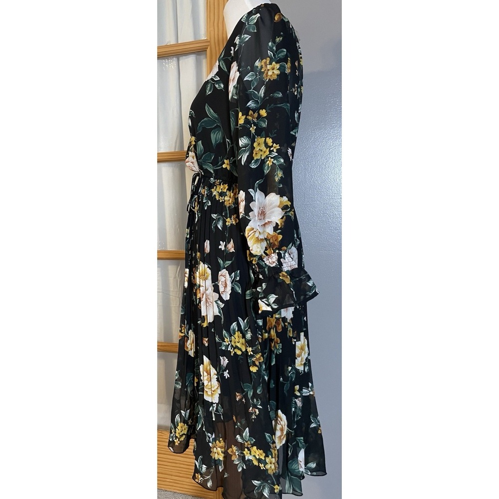 Indigo Rose Pleated Floral Dress Sz M Gold Pink Long Sleeve Career Party Cottage - Picture 2 of 12